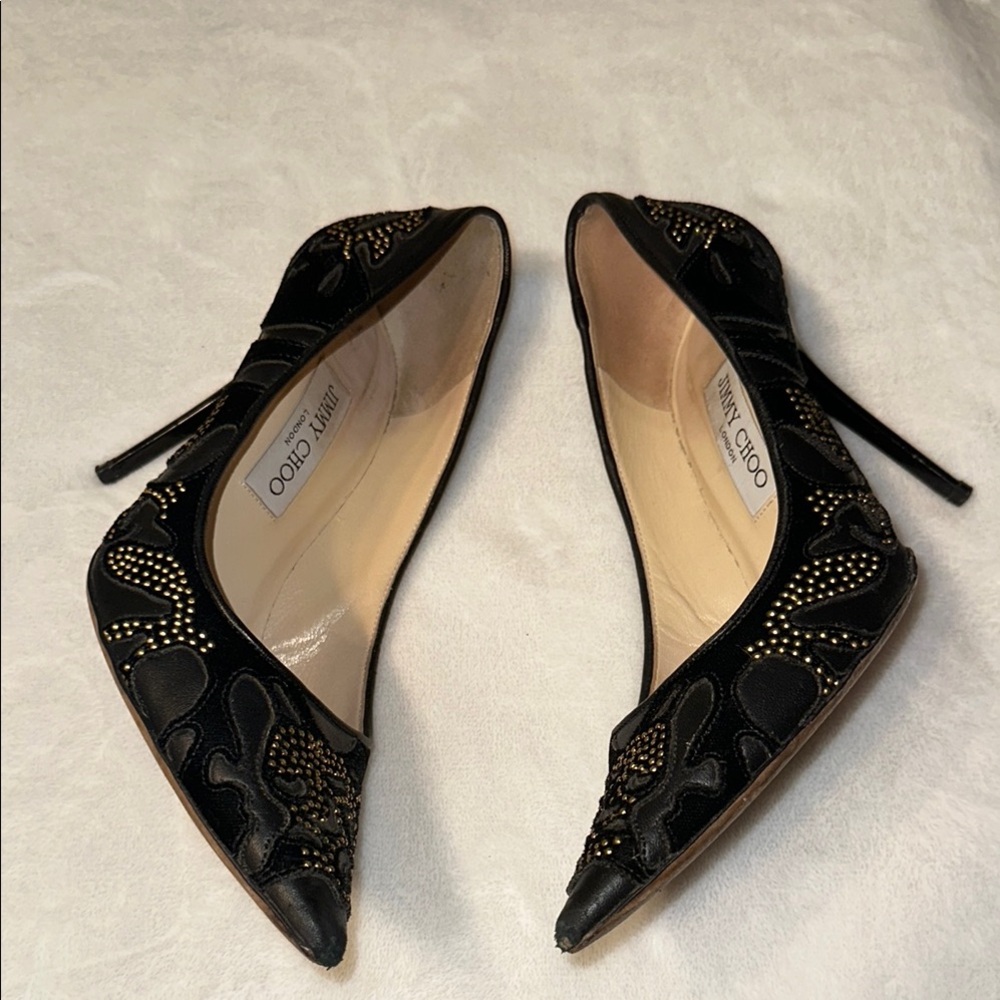 Jimmy Choo SZ 9 / 39 Black and Gold Embellished Heels - Picture 2 of 8